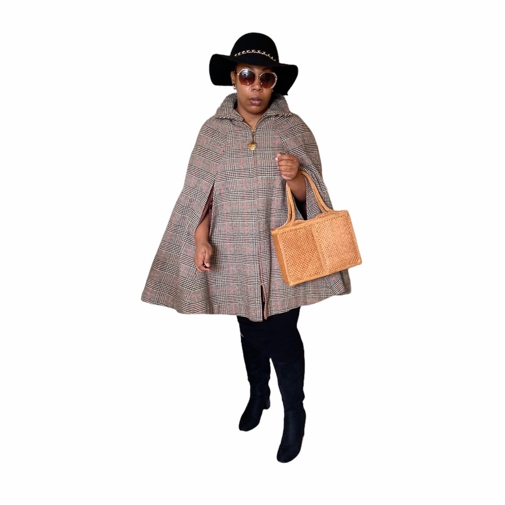 Country Place Cape Vintage Plaid Wool Poncho Arm Holes Lined